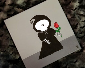 May include: A hand-painted canvas featuring a cartoon Grim Reaper holding a red rose. The Reaper is wearing a black robe and has a white skull face. The background is gray.