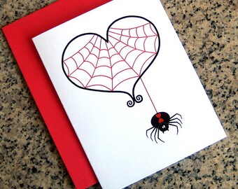 black widow and red spider web heart goth valentines / notecards (blank or custom inside) with red envelopes - set of 10