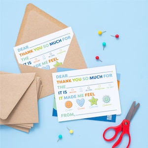 May include: Two thank you cards with a colorful design featuring a star, heart, and smiley faces. The cards have the text "Dear, Thank You So Much For The It Is It Made Me Feel From," with checkboxes for words like "Awesome", "Fun", "So Cool", "Interesting", "The Best", "Happy", "Loved", "Excited", and "Amazing".