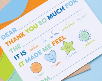 Kids Emotions Fill In Thank You Notes; Birthday Gift; Thank You Card, Fill in the Blank Thank You Card for Kids, Birthday Party, Thank Yous