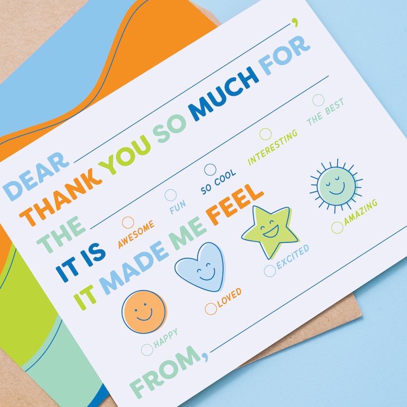 May include: A white card with colorful text and illustrations. The card says "Dear Thank You So Much For The It Is It Made Me Feel" with a variety of options to circle, including "Awesome", "Fun", "Interesting", "So Cool", "The Best", "Happy", "Loved", "Excited", and "Amazing". The card also has a space for the sender to write "From,".