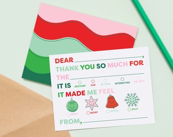 Holiday New Kids Fill In Thank You Notes, Christmas Thank You Card, Fill in the Blank Thank You Card for Kids, Kid Thank You Notes