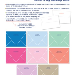 May include: A graphic showing different colored envelopes with return address printing. The text reads "Return Address Printing add on to any stationery order!" and lists the details of the service. The address "1282 Sunshine Street Dallas, TX 75219" is printed on a white envelope.