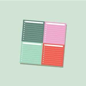 May include: A square notepad divided into four colored quadrants: dark green, pink, light green, and red. Each quadrant features a white header labeled NO.1, NO.2, NO.3, or NO.4, followed by a series of horizontal lines with white bullet points.