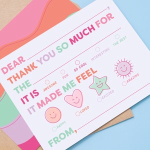 New Kids Emotions Fill In Thank You Notes Pinks, Birthday or Gift Thank You Card, Fill in the Blank Thank You Card for Kids, Kid Thank You zdjęcie 1