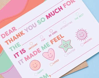 New Kids Emotions Fill In Thank You Notes - Pinks, Birthday or Gift Thank You Card, Fill in the Blank Thank You Card for Kids, Kid Thank You