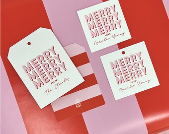 Merry Christmas Gift Tag, Pink Personalized Tags, Family Gift Tags, Christmas Party, Hostess Gift, Wrapping Paper, Holiday Party