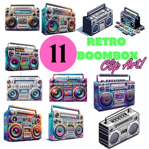 Boom boîte des cliparts rétro, des années 80 et 90 des cliparts lecteur de cassettes, ensemble de cliparts radio stéréo vintage, musique hip hop par sublimation en téléchargement numérique