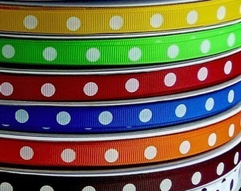 SALE SALE 90 Yards Dippy Dots 3/8 Grosgrain Ribbons - 9 Yard Each of 10 Different Colors