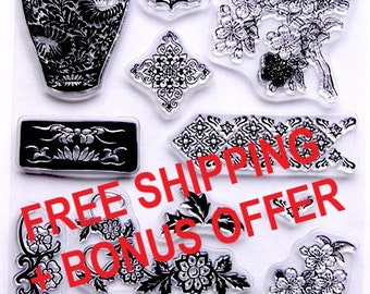 ORIENTAL VASE & FLOWER clear acrylic stamp set - Free Shipping + Bonus Offer