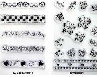 SQUARES & SWIRLS and BUTTERFLIES clear acrylic stamp sets - Free Shipping