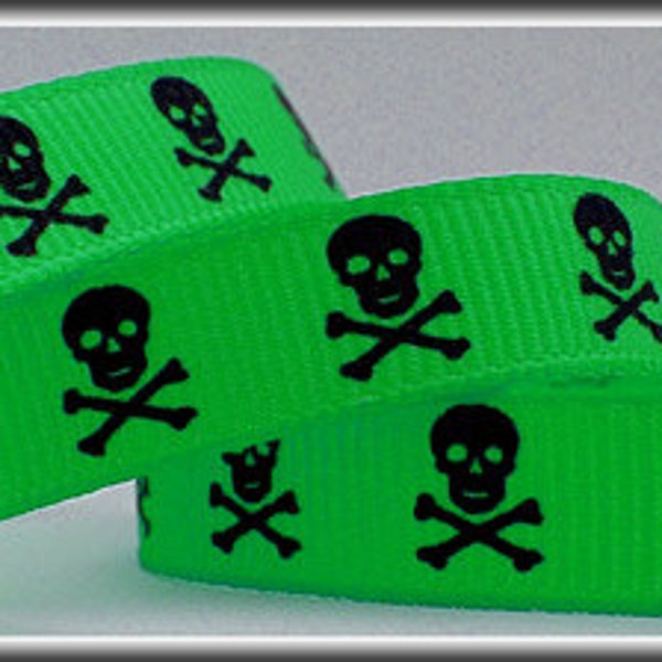 5 Yards black SKULLS on ACID GREEN 3/8 Grosgrain Ribbon (other colors also available)