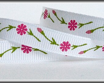 3/8" Grosgrain Ribbon with pink flowers and green stems