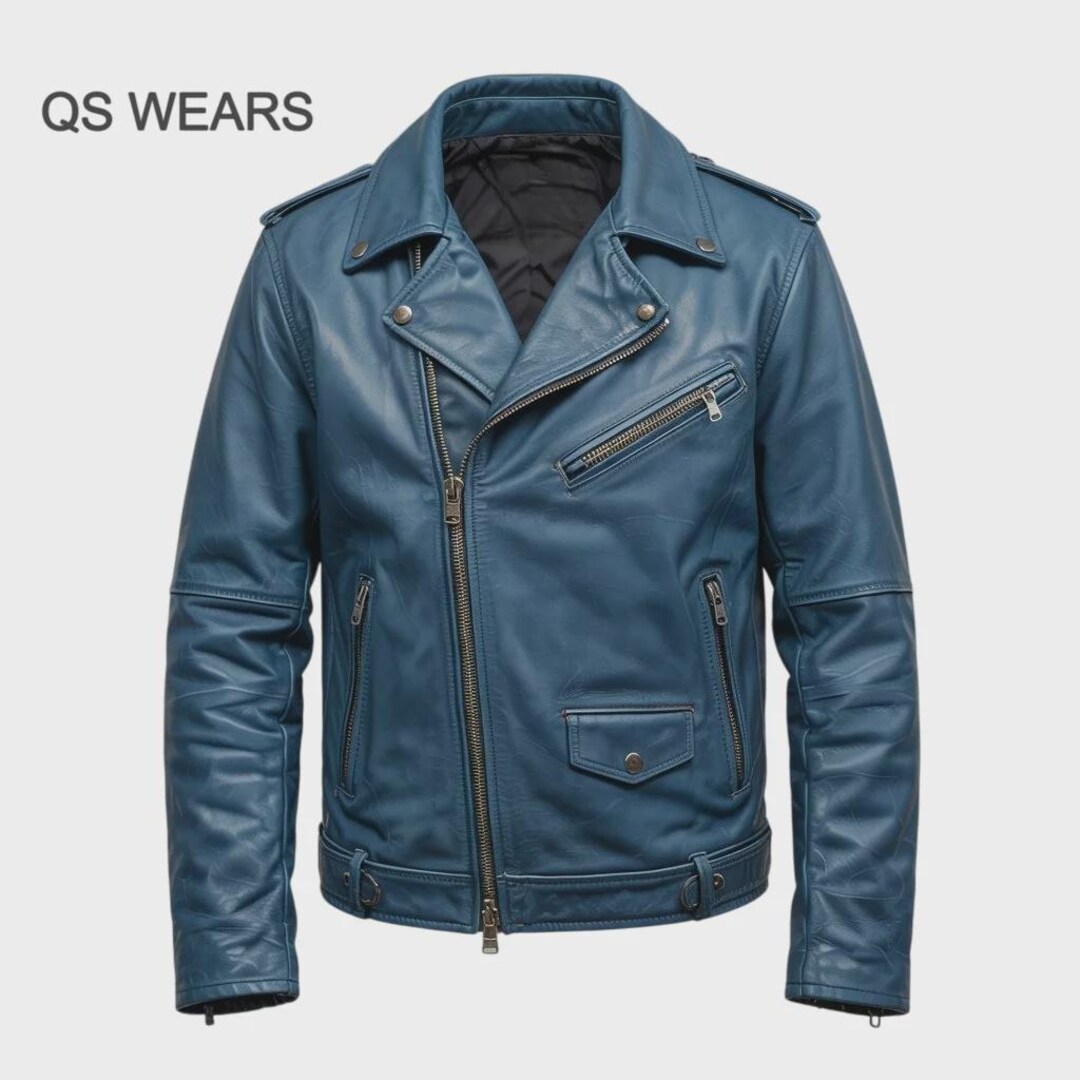 Men’s Handmade Blue Leather Biker Jacket / Double Rider Style in ...