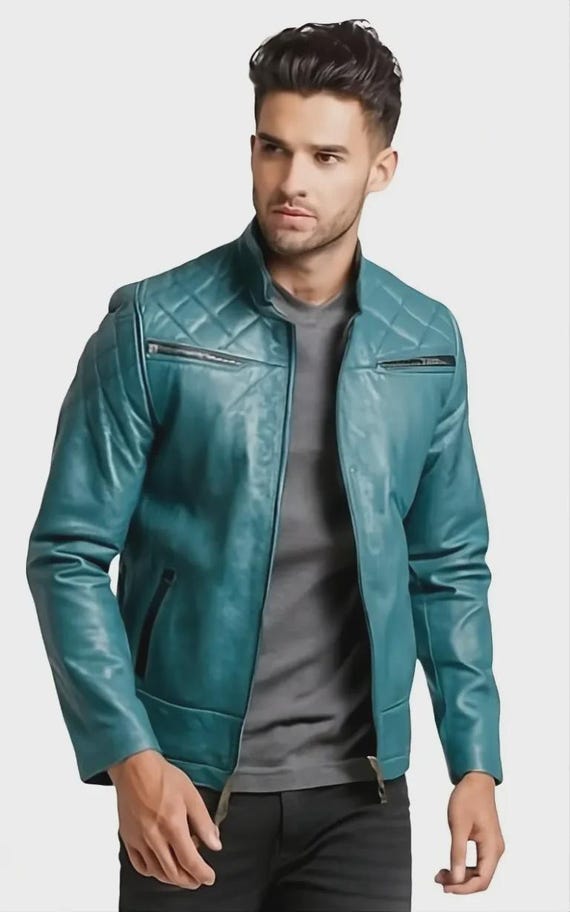 たんさんLeather Racer Jacket Teal Teal Leather Jacket - Etsy