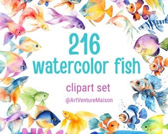 Watercolor Tropical Fish Clipart: 216 PNG Graphics (Digital Download)