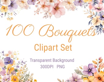 Watercolor Flower Bouquet Clipart: 100 PNG Images (Digital Download)