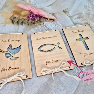Holzkarte für Geldgeschenke – personalisiert & handgefertigt – kreatives Geschenk zur Geburt, Taufe, Kommunion, Konfirmation und Firmung