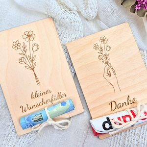 Holzkarte „Danke“ oder "Wunscherfüller" Geldgeschenk – stilvolles Dankeschön mit Makramee – Geschenk für Kollegin, Erzieherin, Lehrerin
