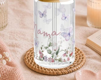 Mom's Drinking Glass | Butterflies | Gift for Moms | Glass with Straw | Summer Glass for Iced Coffee | Mother's Day Mug | Matcha