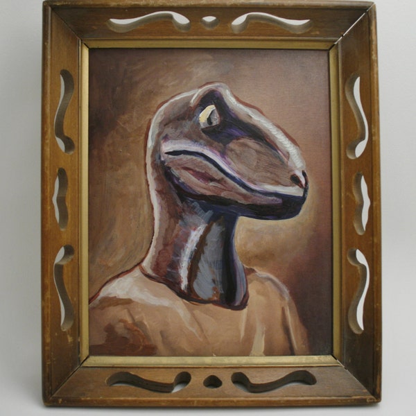 Raptor Jesus Painting in vintage wood frame