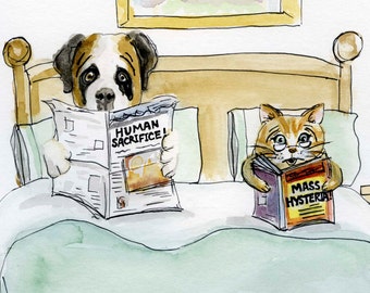 Dogs and Cats Living Together original illustration 9x12 Ghostbusters quote