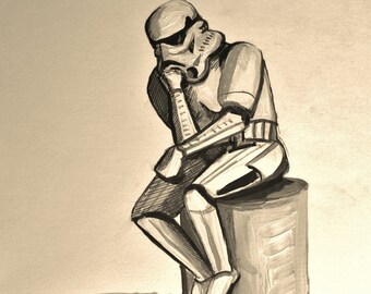 Stormtrooper as The Thinker, sepia print or black and white print various sizes