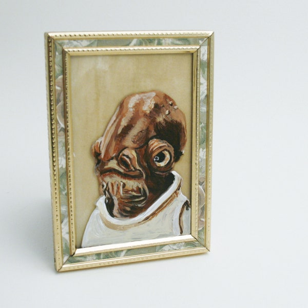 Admiral Ackbar Miniature Portrait Original Painting, Sepia Toned, Valentine in picture frame