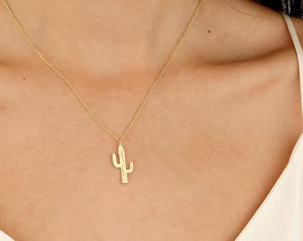 18k Gold Dainty Cactus Necklace, Saguaro Necklace, Handmade Jewelry, Mother&#39;s Day Gift, Christmas Gift, Birthday Gifts For Her