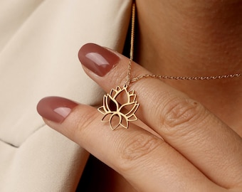 18K Gold Lotus Pendant Necklace: Dainty Mandala Flower Jewelry, Yoga Spiritual Gift for Her, Minimalist Boho Necklace, Birthday Gift