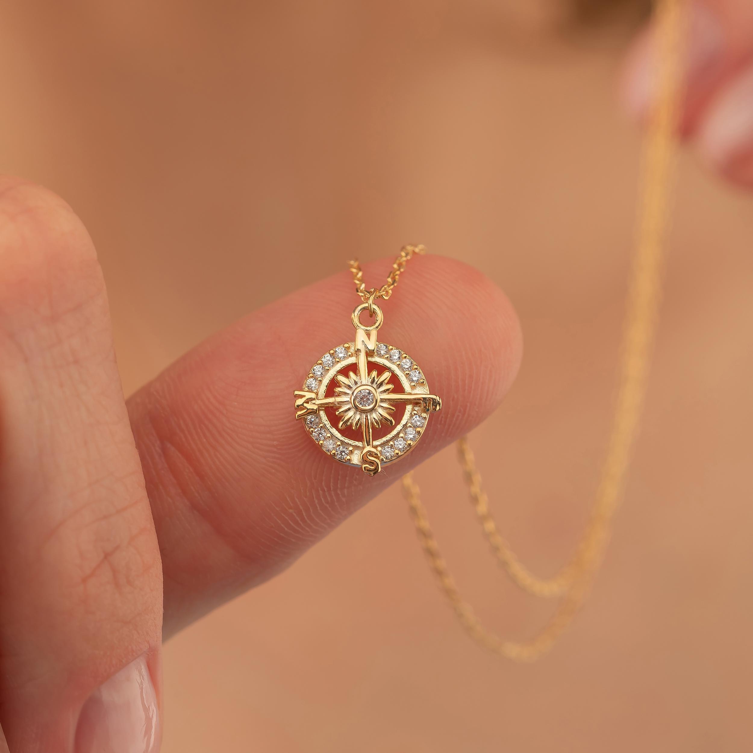 Dainty Diamond Compass Necklace | Travel Gift and Coordinate Jewelry | 925 Sterling Silver | Graduation & Student Gift | Graduation Gift