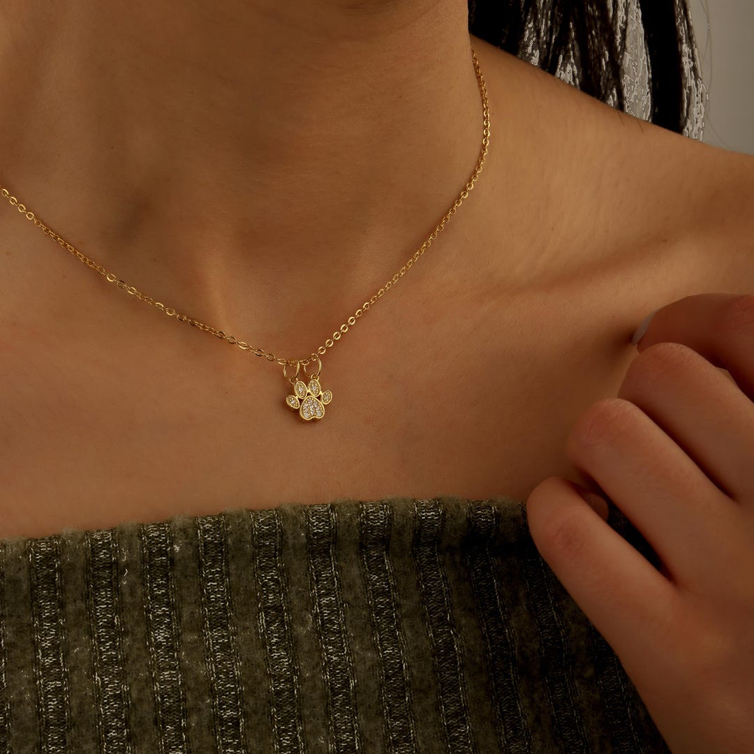 Personalized Gold Paw Print Necklace: CZ Pet Memorial Jewelry, Custom ...
