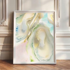 Stampa artistica di ostriche / Stampa artistica di frutti di mare in acquerello rosa pastello / Download digitale della costa del New England / Decorazione per cucina / sala da pranzo