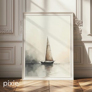 Vintage Sailboat Print, Instant Digital Download, Minimalist Watercolor Ocean Art, Serene Coastal Scene, Beach House Decor Printable, Muted