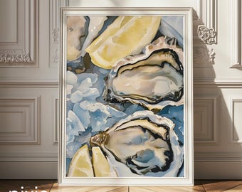 Watercolor Oyster Shell Painting | Printable Digital Download | Coastal Beach House | Dining Room Decor | Kitchen Wall Art | Food Art