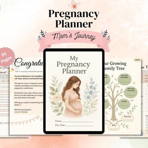 May include: A digital pregnancy planner with 95 pages, featuring a cover illustration of a pregnant person. The planner includes sections for appointments, a family tree, and delivery preferences. The title reads "My Pregnancy Planner".