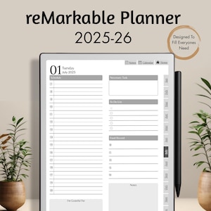 Könnte beinhalten: Ein digitaler Planer "reMarkable Planner 2025-26" mit Abschnitten für Zeitpläne, Aufgaben und Essensaufzeichnungen. Enthält einen Stift und den Text "Designed To Fill Everyones Need".