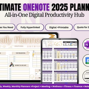 Może przedstawiać: Cyfrowy planer OneNote 2025 z układami dziennymi, tygodniowymi i miesięcznymi. Zawiera ponad 500 stron, w pełni połączone sekcje oraz opcje cyfrowe/do druku. Zawiera szablony projektów, spotkań, wellness, fitness, finansów i notatek.