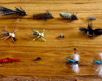 May include: A collection of twelve artificial fishing flies arranged in rows. The assortment includes various designs featuring black, brown, green, red, and blue synthetic fibers, feathers, and metal hooks, showcasing diverse textures and shapes.