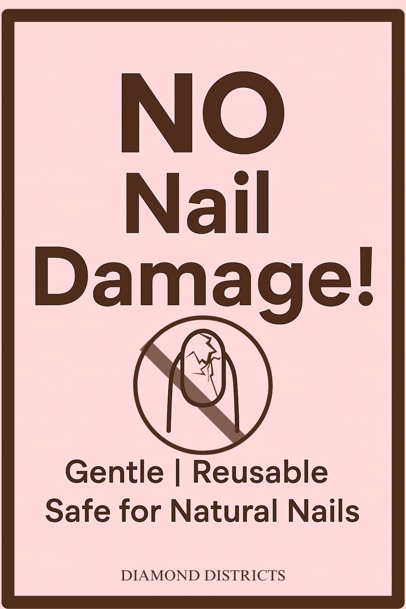 May include: A rectangular sign with a light pink background and a dark brown border. The text reads NO Nail Damage! followed by a circular icon with a diagonal line through a cracked fingernail, and the text Gentle | Reusable Safe for Natural Nails.