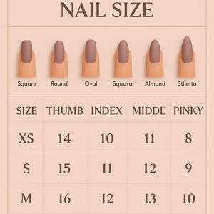 May include: A beige nail size chart titled DIAMOND DISTRICTS NAIL SIZE. It displays six nail shapes: Square, Round, Oval, Squoval, Almond, and Stiletto. A table below lists sizes XS, S, M, and L for Thumb, Index, Middle, and Pinky fingers with numbers.