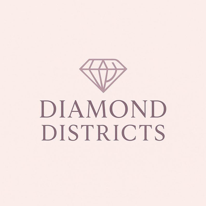 May include: A logo featuring a stylized diamond outline icon positioned above the text DIAMOND DISTRICTS in a serif font. The entire graphic is rendered in a muted mauve color against a solid, pale pink background, creating a clean visual.