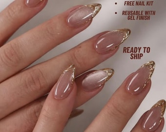 Handmade Gold French Cat Eye Press On Nails, cat eye Press-On Nails | Hand-Painted Custom Nails | Reusable Nail Set Glass topcoat