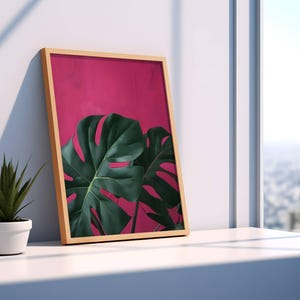 Monstera Deliciosa Digitaldruck, lebendige Wandkunst, bunte Blätter Poster, Tropische Pflanze, rosa Hintergrunddekor