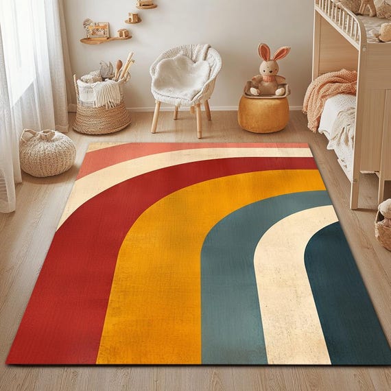 Boho Rainbow Nursery Rug: Scandinavian Kids Playroom Carpet