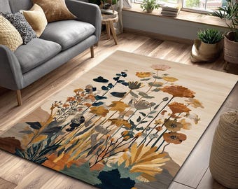 Wildflower Area Rug | Boho Floral Carpet | Neutral Beige Cottagecore Decor