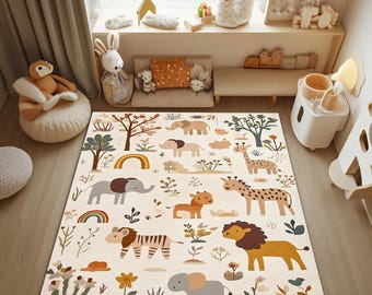Jungle Animals Activity Rug: Safari Nursery, Boho Kids Decor