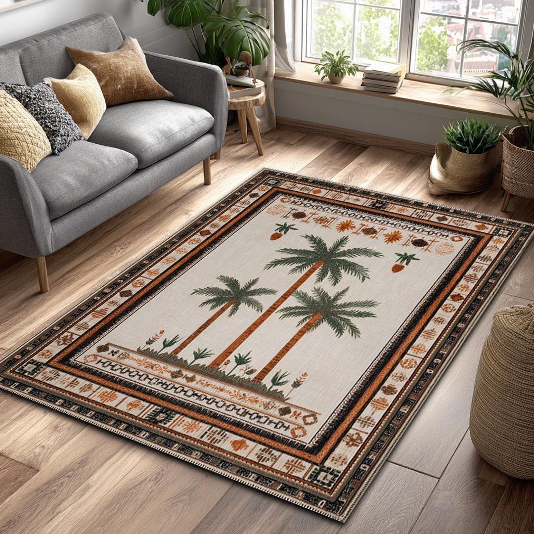 Palm Tree Area Rug | Desert Boho Border Carpet | Neutral Tropical ...