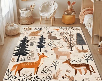 Forest Animals Nursery Rug: Soft Washable Kids Play Area