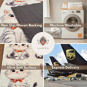 May include: A white and grey cat rug with a non-slip woven backing. The rug features a cute cartoon cat design and is machine washable. The rug is ultra soft and comfortable. The image also shows a UPS aircraft, indicating express delivery.